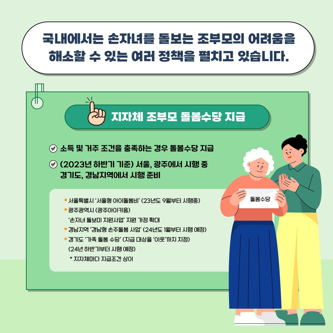 국내에서는 손자녀를 돌보는 조부모의 어려움을 해소할 수 있는 여러 정책을 펼치고 있습니다.  1. 지자체 조부모 돌봄수당 지급 소득 및 거주 조건을 충족하는 경우 돌봄수당 지급  (2023년 하반기 기준) 서울, 광주에서 시행 중 경기도, 경남지역에서 시행 준비  ▶ 서울특별시 ‘서울형 아이돌봄비’ (23년도 9월부터 시행중) ▶ 광주광역시 (광주아이키움) ‘손자녀 돌보미 지원사업’ 지원 가정 확대 ▶ 경남지역 ‘경남형 손주돌봄 사업’ (24년도 1월부터 시행 예정) ▶ 경기도 ‘가족 돌봄 수당’ (지급 대상을 ‘이웃’까지 지정) (24년 하반기부터 시행 예정) * 지자체마다 지급조건 상이