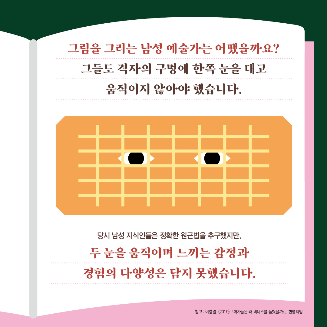 그림을 그리는 남성 예술가는 어땠을까요? 그들도 격자의 구멍에 한쪽 눈을 대고 움직이지 않아야 했습니다.  당시 남성 지식인들은 정확한 원근법을 추구했지만, 두 눈을 움직이며 느끼는 감정과 경험의 다양성은 담지 못했습니다. 참고: 이충열(2019), 『화가들은 왜 비너스를 눕혔을까?』, 한뼘책방