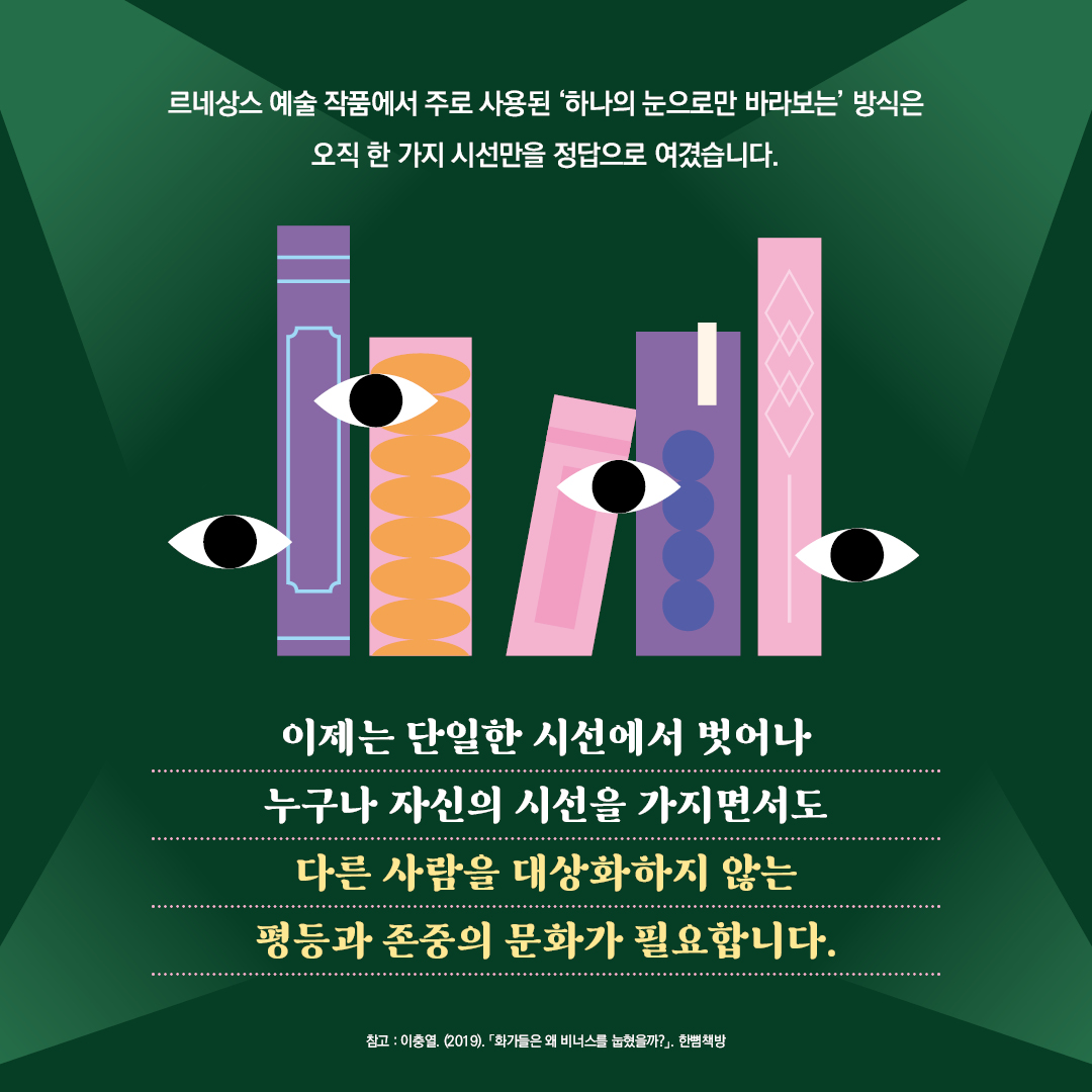 르네상스 예술 작품에서 주로 사용된 ‘하나의 눈으로만 바라보는’ 방식은  오직 한 가지 시선만을 정답으로 여겼습니다.  이제는 단일한 시선에서 벗어나 누구나 자신의 시선을 가지면서도 다른 사람을 대상화하지 않는 평등과 존중의 문화가 필요합니다. 참고: 이충열(2019), 『화가들은 왜 비너스를 눕혔을까?』, 한뼘책방